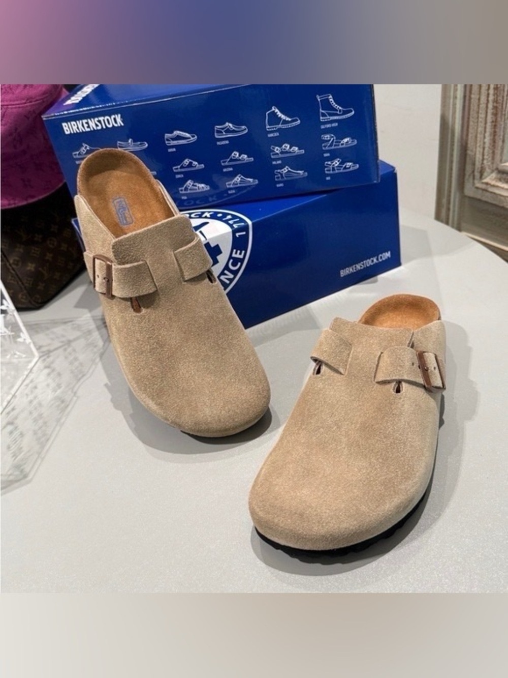 Birkenstock Suede Clog Mules in Beige